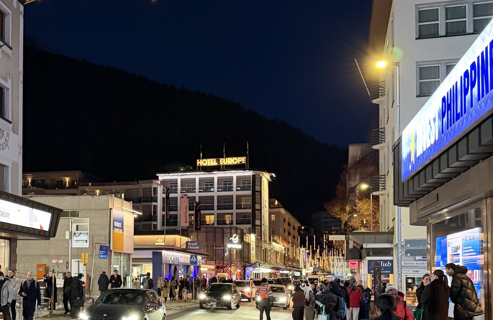 The Davos Promenade at dusk during the World Economic Forum Annual Meeting, January 2026