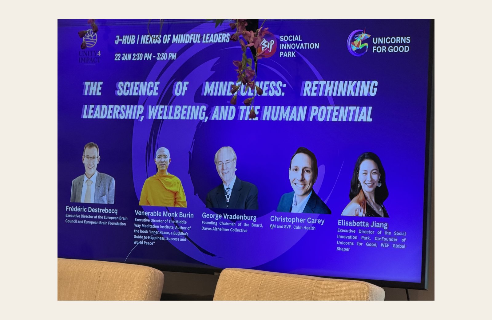 Session slide for The Science of Mindfulness: Rethinking Leadership, Wellbeing, and the Human Potential at the J-Hub Nexus of Mindful Leaders, Davos, January 2026, listing the announced speakers