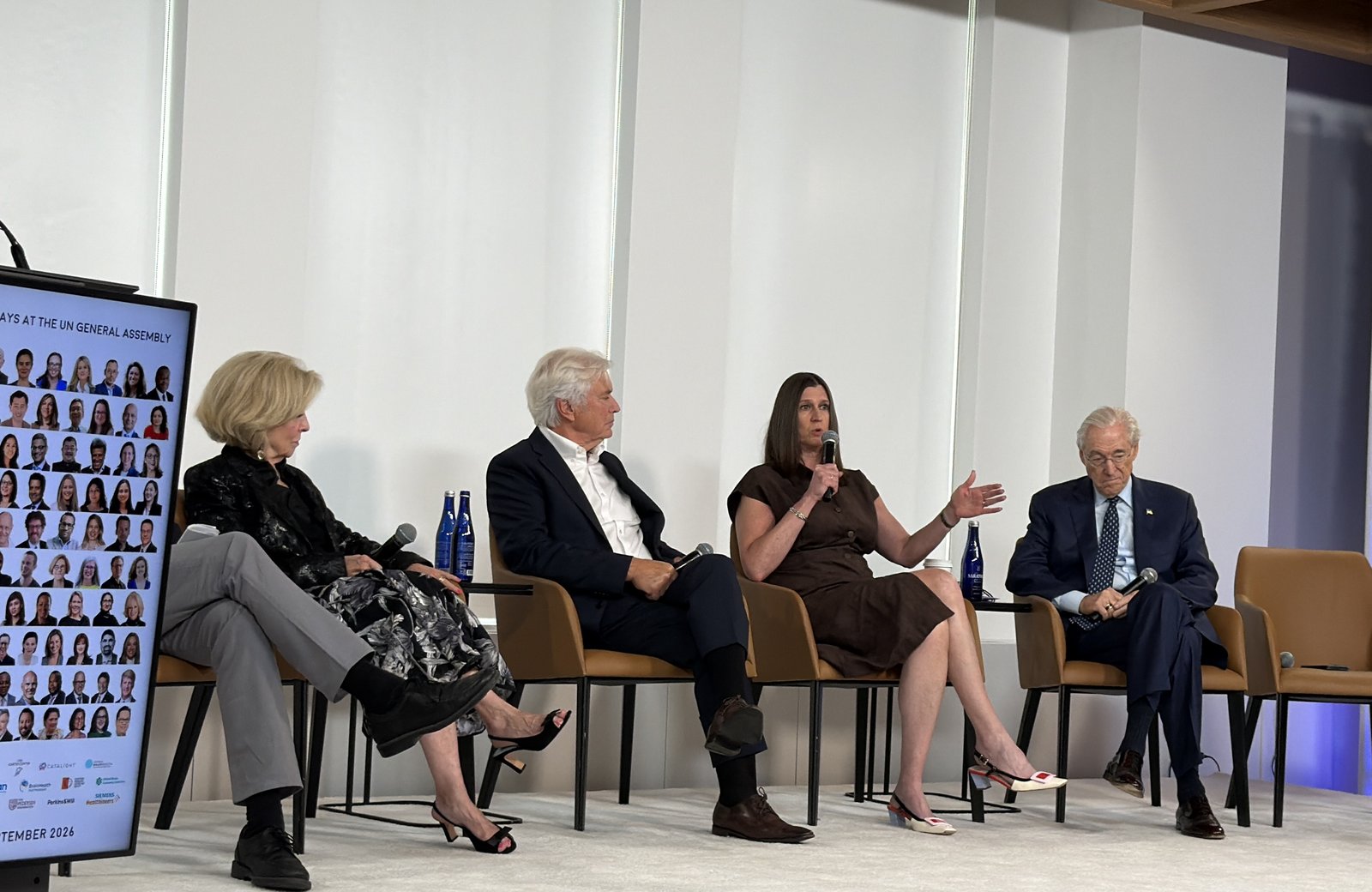 Krystal Sexton speaking on The Brain Health Blueprint panel at UNGA81 Brain Days, New York, September 2026, with her co-panelists and the Brain Days speaker wall