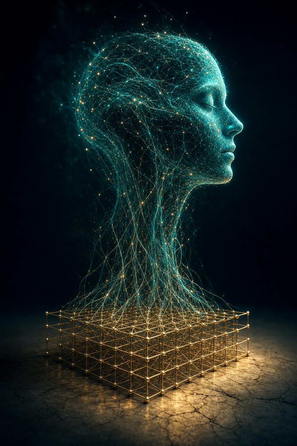 A luminous human profile built from dense, taut filaments of light rises out of a rigid brass lattice resting on a concrete floor, the ordered machine geometry underneath and the living network growing out of it.